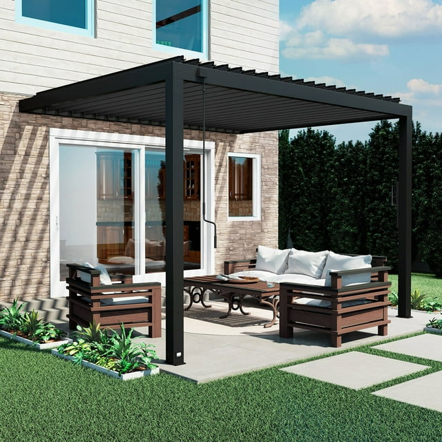 Backyard Discovery Evanston Steel Wall-Mounted Louvered Pergola with Adjustable Roof, Choose Size