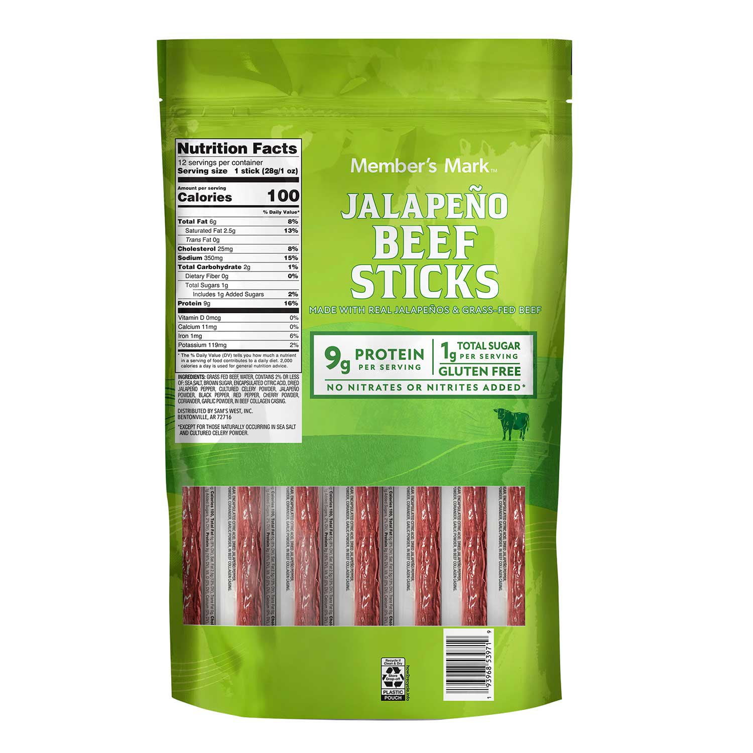 Member's Mark Jalapeño Grassfed Beef Sticks, 1 oz., 12 pk