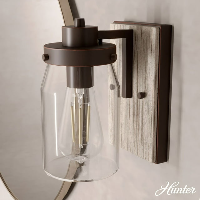 Hunter Devon Park with Clear Glass Bathroom Vanity Wall Light Fixture