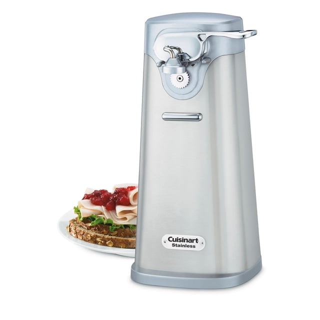 cuisinart deluxe stainless steel can opener centered front view, brushed stainless steel freestanding tower with extra-wide base, visible Power Cut™ circular blade and removable activation lever at top, one-touch lift handle and magnetic lid holder, Cuisinart logo on front, shown beside a sandwich plate; often used to open standard-size cans and suitable for small paint or craft cans.