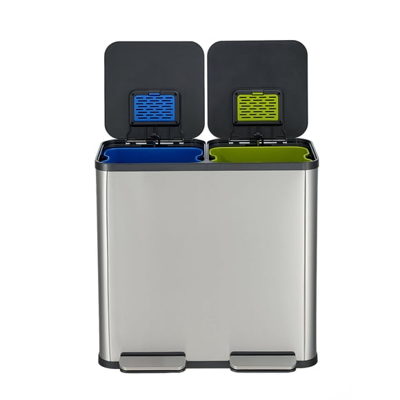 Simpli-Magic 80 Liter / 21 Gallon Dual Compartment Step Trash Can with Soft-Close Lid, Hands-Free Foot Pedal, Built-In Odor Filter, Silver Recycling Bin (40L plus 40L)