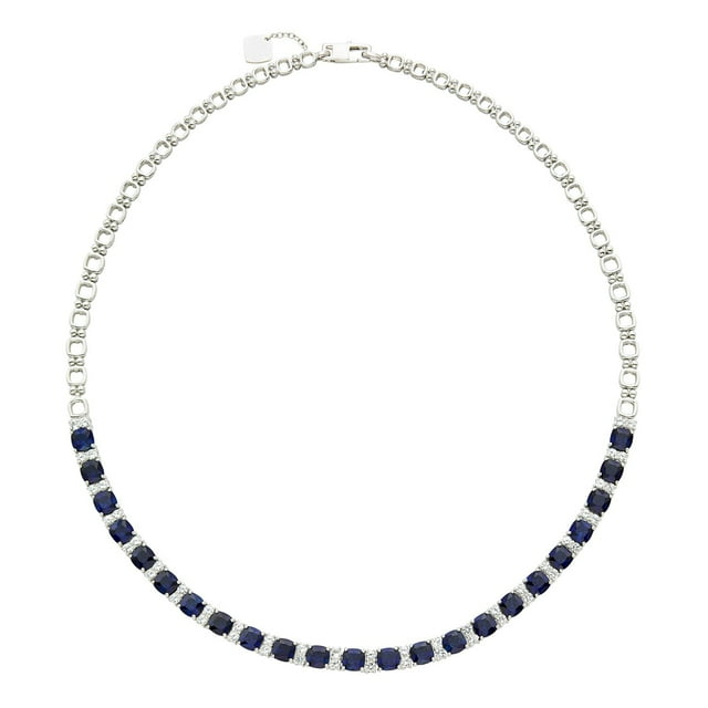 Cushion Cut Lab Created Gemstone and White Sapphire Tennis Necklace in Sterling Silver