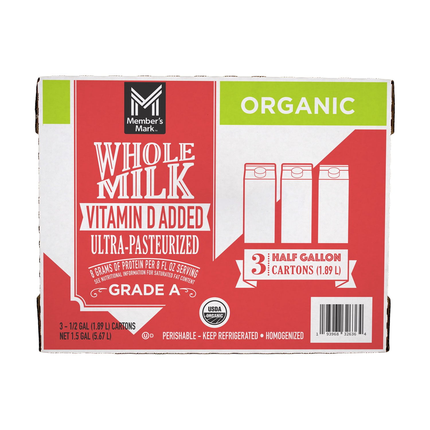 Member's Mark Organic Whole Milk, 64 fl. oz., 3pk