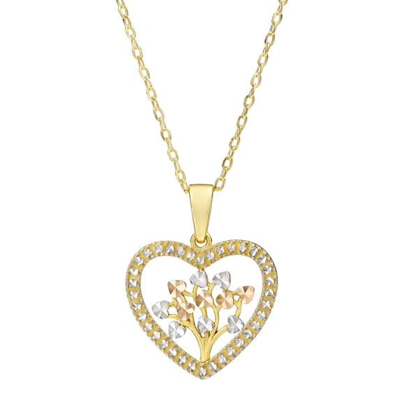 Tri-Color Heart Pendant With Tree Of Life Design in 14K Gold