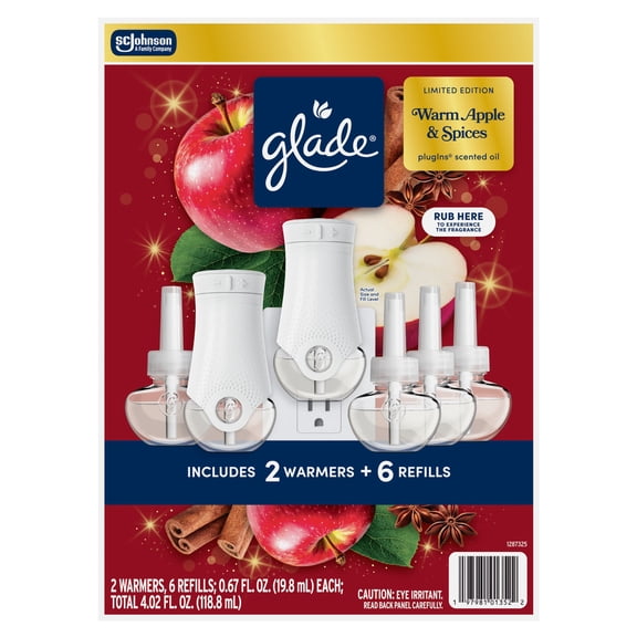 Glade PlugIns Scented Oil, Air Freshener, Warm Apple & Spices, 2 Warmers + 6 Refills, 0.67 oz. each