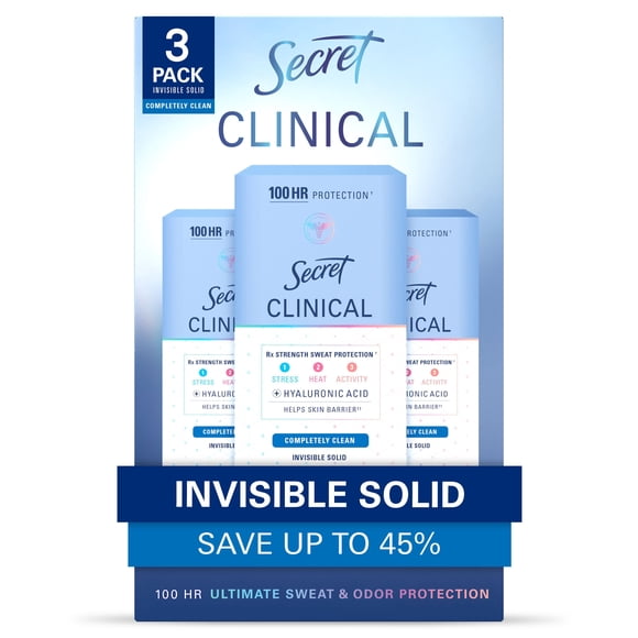 Secret Clinical Strength Invisible Solid Antiperspirant Deodorant, Completely Clean, 1.6 oz., 3 pk.