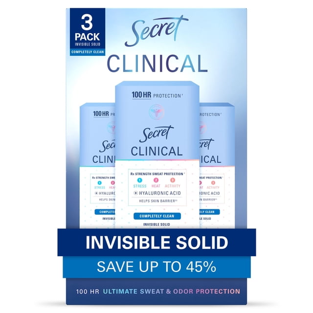 Secret Clinical Strength Invisible Solid Antiperspirant Deodorant, Completely Clean, 1.6 oz., 3 pk.