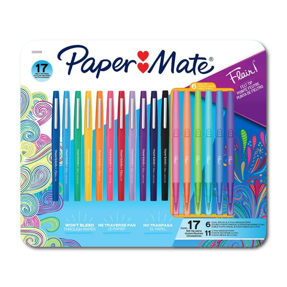 Paper Mate Flair Felt Tip Pens, Medium and Dual-Brush Tip, Assorted Colors, 17 Count
