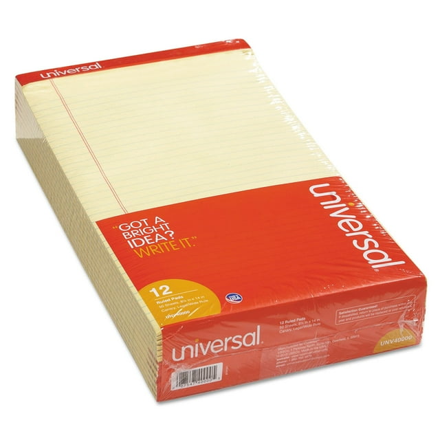 Universal Perforated Edge Writing Pad, Legal/Margin Rule, Legal, Canary, 50-Sheet Pads, 12pk.