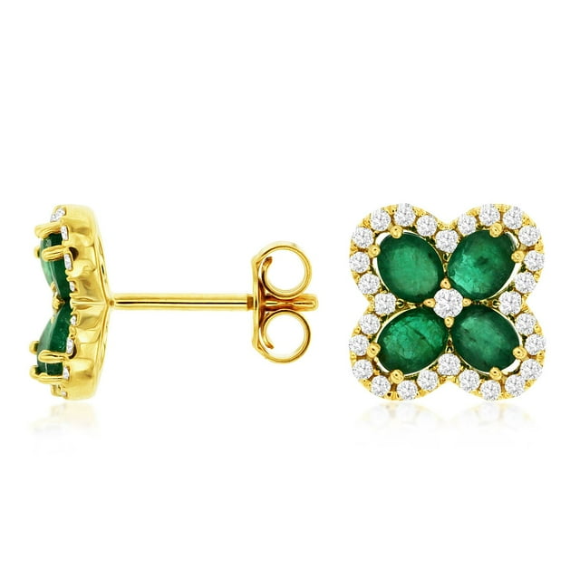Oval Cut Gemstone & 0.35 CT.T.W. Diamond Clover Stud Earrings in 14K Gold