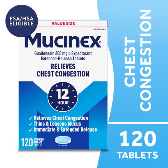 Mucinex 12-Hour Chest Congestant & Mucus Relief Tablets, 600 mg Guaifenesin 120 ct.