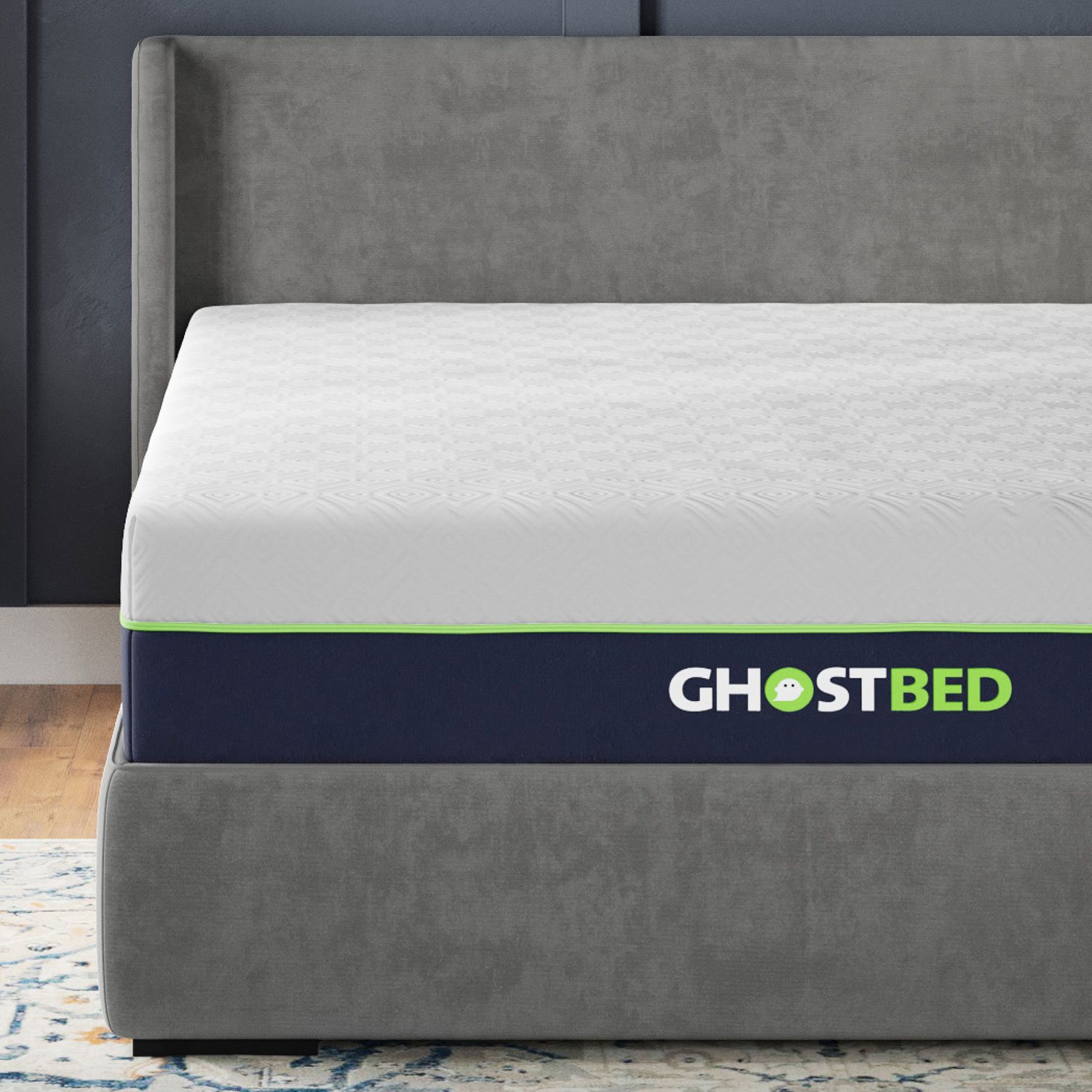 Close-up of GhostBed mattress edge with neon green trim