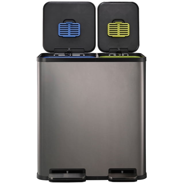 Simpli-Magic 18.5 Gallon (40L x 30L) Dual Compartment Step Trash Can – Kitchen Garbage Can with Waste & Recycling Bins – Slow-Close Lid, Odor Control, Hands-Free