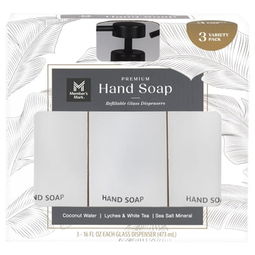 Member's Mark Variety Pack Hand Soap with Refillable Glass Dispensers, 3 Pack, 16 oz. each