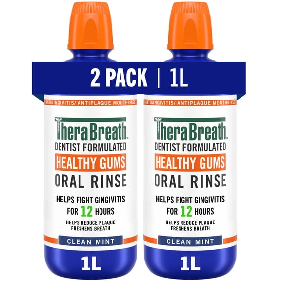TheraBreath Healthy Gums Oral Rinse, Alcohol Free, Clean Mint, 1L., 2 pk.