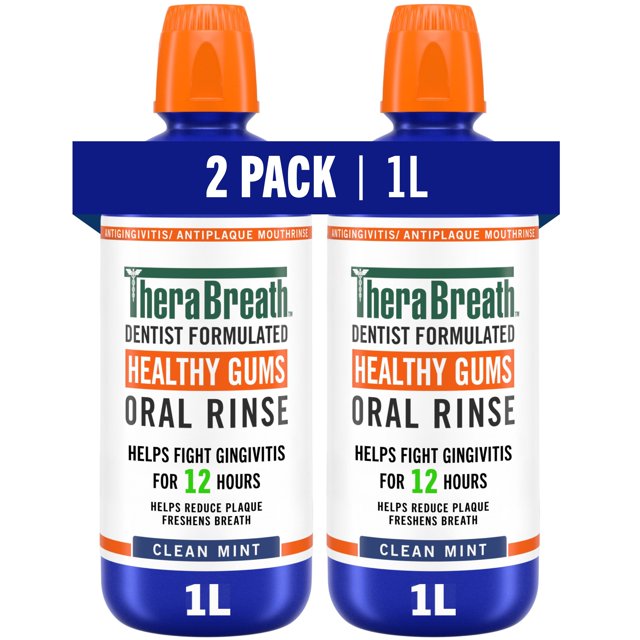 TheraBreath Healthy Gums Oral Rinse, Alcohol Free, Clean Mint, 1L., 2 pk.