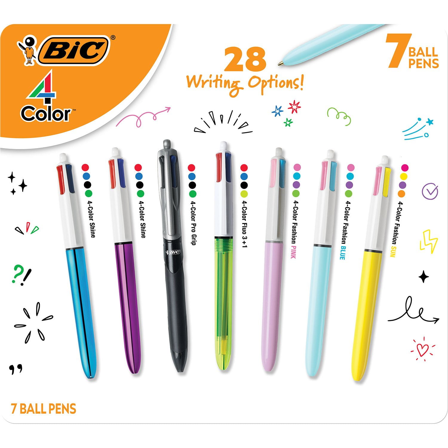 BIC 4-Color Retractable Ball Point Pens, 7-Count, Assorted Colors