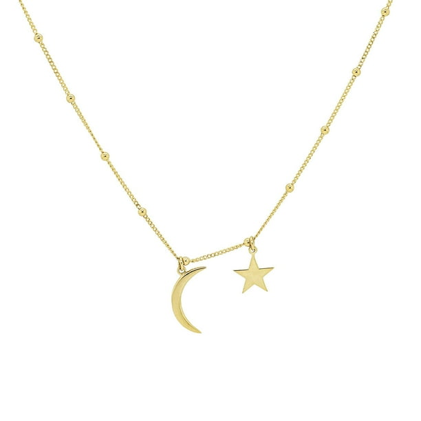 14K Gold Moon and Star Choker with Beads, 16