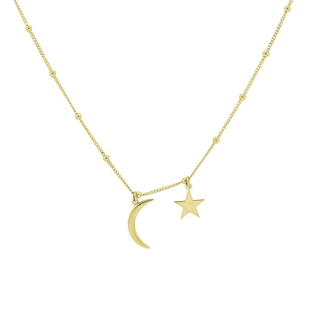 14K Gold Moon and Star Choker with Beads, 16"