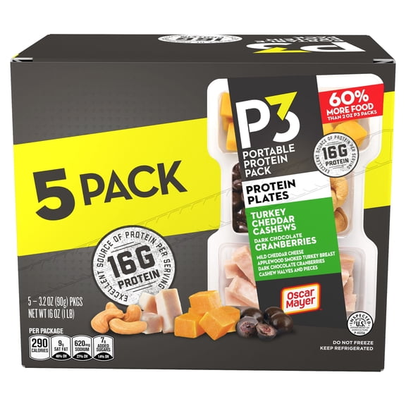 P3 Portable Protein Snack Plate with Turkey, Cheddar Cheese, Cashews & Dark Chocolate Cranberries, 3.2 oz. ea., 5 ct.