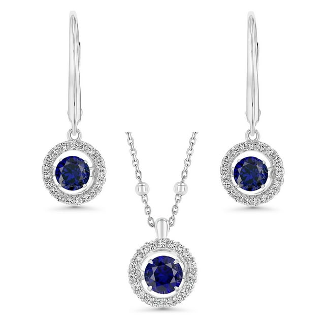 Round Cut Lab Created Gemstone Dancing Pendant & Earring Set in Sterling Silver