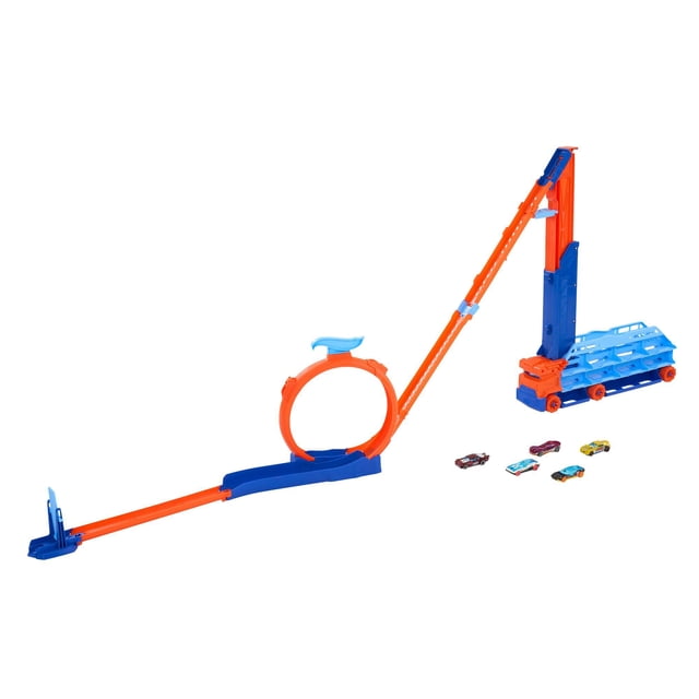 Hot Wheels Speed Drop Transport, 5 Toy Cars, Track Creator Loop, Straight Piece & Flipper
