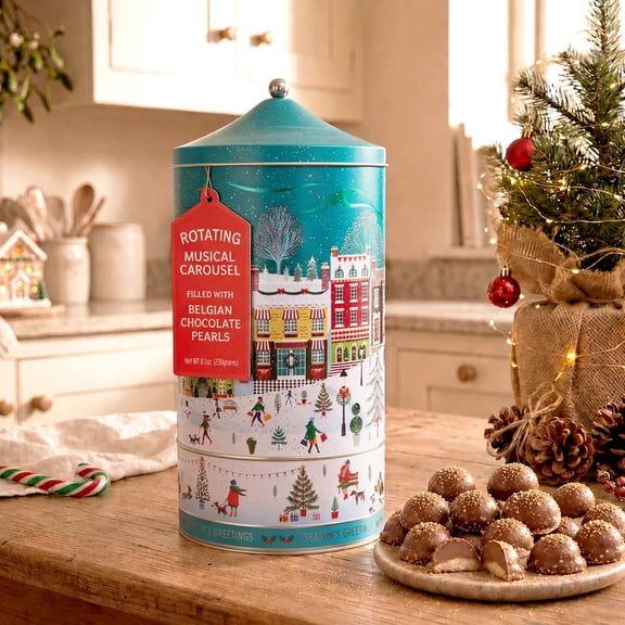 Silver Crane Company Musical Rotating Carousel Tin with Belgian Chocolate Pearls