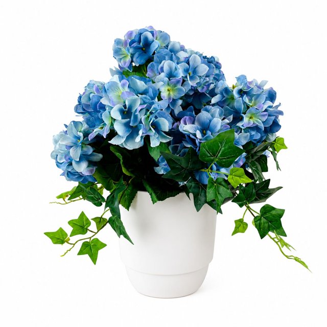 Artificial 26" Hydrangeas with Mixed Ivy in Ceramic Planter - White, Blue, or Pink