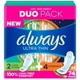 thumbnail image 1 of Always Ultra Thin Pads Duo Pack, 74 ct., 1 of 8