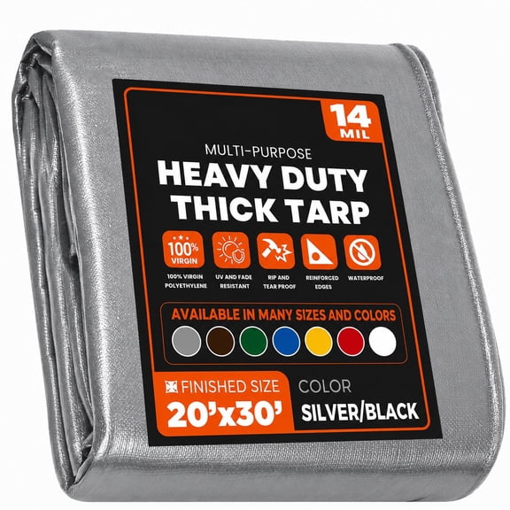 Heavy Duty 20' x 30' Tarp Cover, Waterproof, UV Resistant, Rip and Tear Proof, Poly Tarpaulin with Reinforced Edges for Roof, Camping, Patio, Pool, Boat, Assorted Mil & Colors