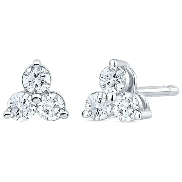 Round Cut Three Stone Diamond Stud Earrings in 14K