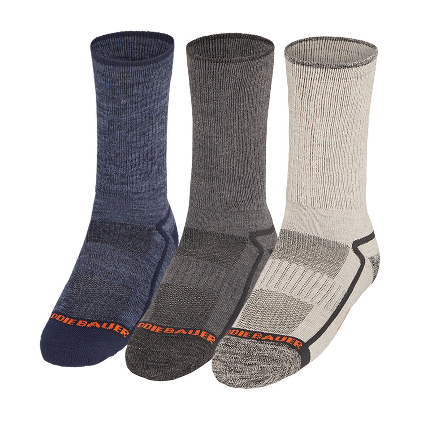 Eddie Bauer Men's 6-Pack Trail Crew Socks, Arch Support, Mid Calf, Grey/Blue, Size 6-12, Brand New With Tags