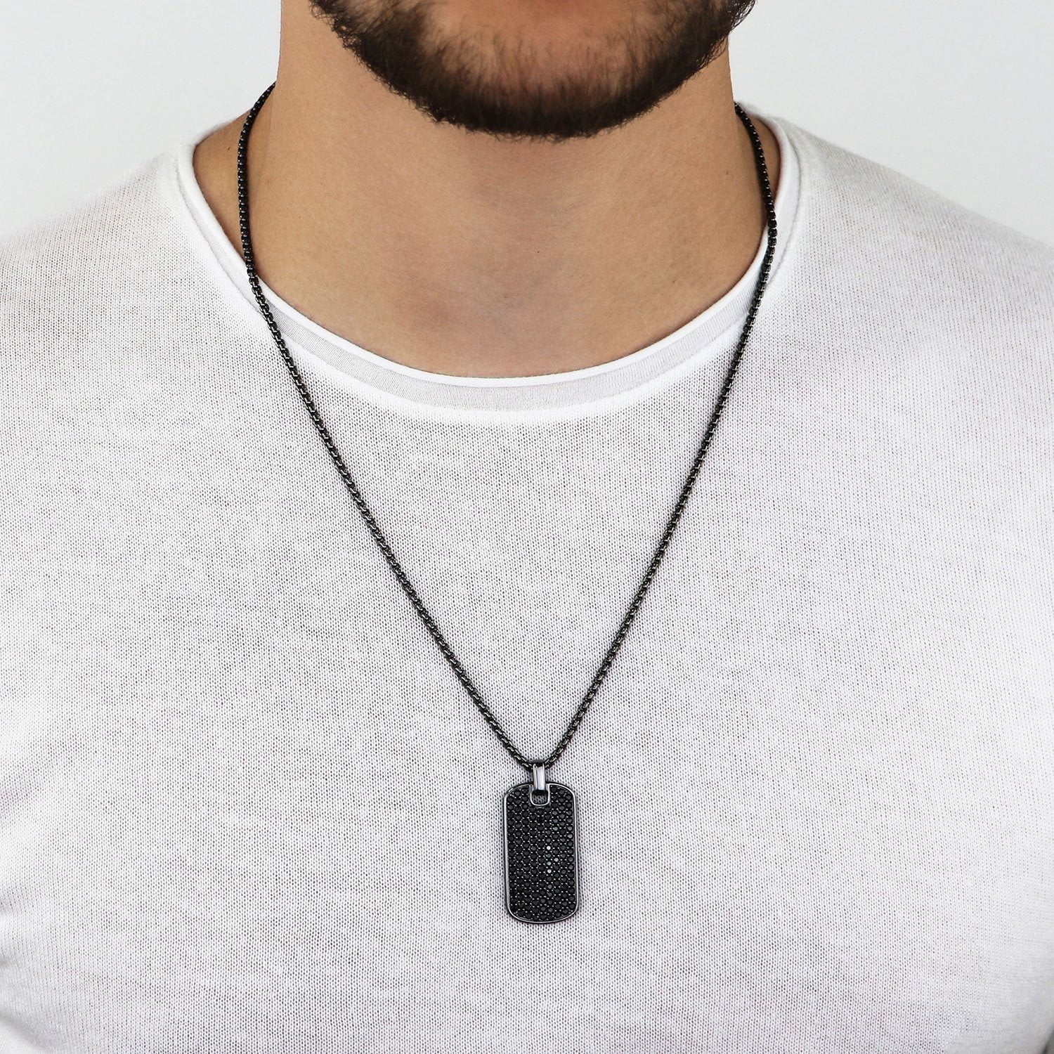 Men's Black Spinel Dog Tag Pendant Chain Necklace in Sterling
