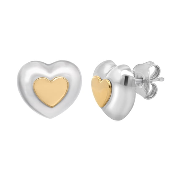 High Polish Puffy Heart Earrings in Sterling Silver & 14K Gold