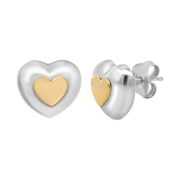 HEART SILVER EARRINGS 金 High Polish Puffy Heart Earrings in Sterling Silver & 14K Gold