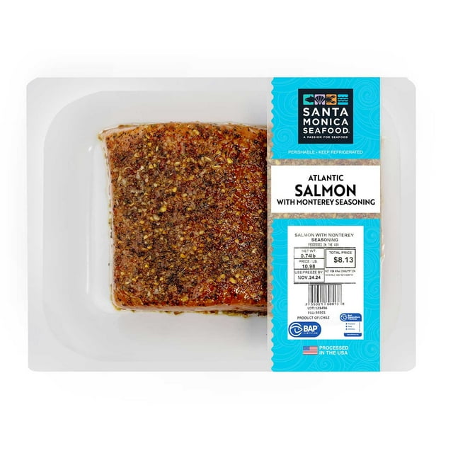 Santa Monica Seafood Farm Raised Atlantic Salmon with Monterey Seasoning, priced per pound