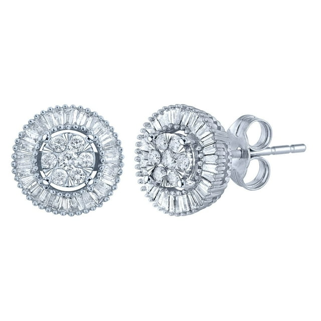 0.46 CT. T.W. Diamond Round/Baguette Earrings in 14K Gold