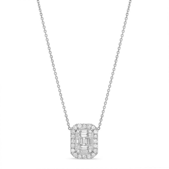 0.70 C.T. TW Baguette and Round Cut Halo Diamond Pendant in 14K Gold