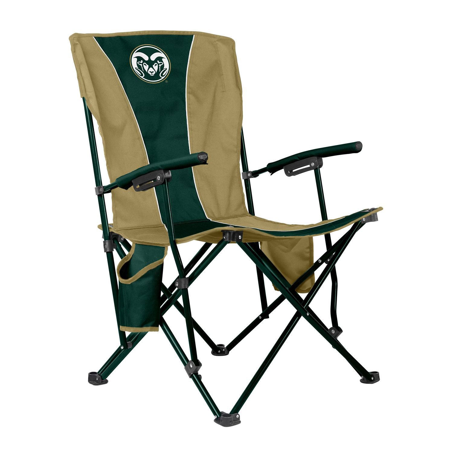 Colorado State Rams hard arm chair with green and tan fabric and black frame.