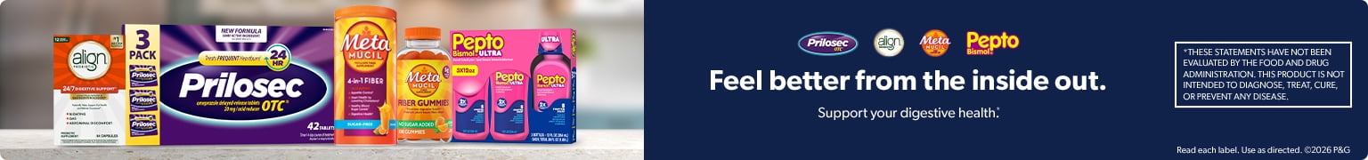 Feel better from the inside out supporting your digestive health with Prilosec, Align, Metamucil and Pepto Bismol.